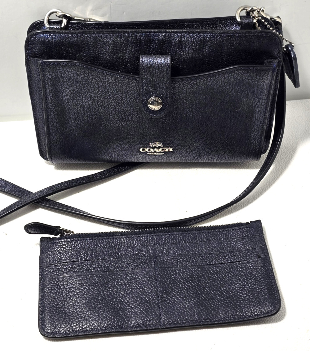COACH Noa Pop Up Crossbody Bag Purse Metallic Blue Leather w/zipper pouch 64798
